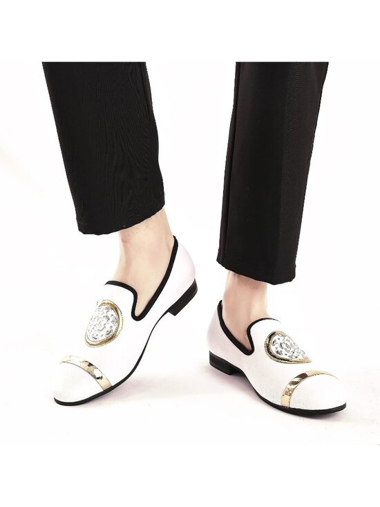 XQWFH Men\'s White Leather Velvet Loafers With Gold Plate Smoking Slip On Shoes